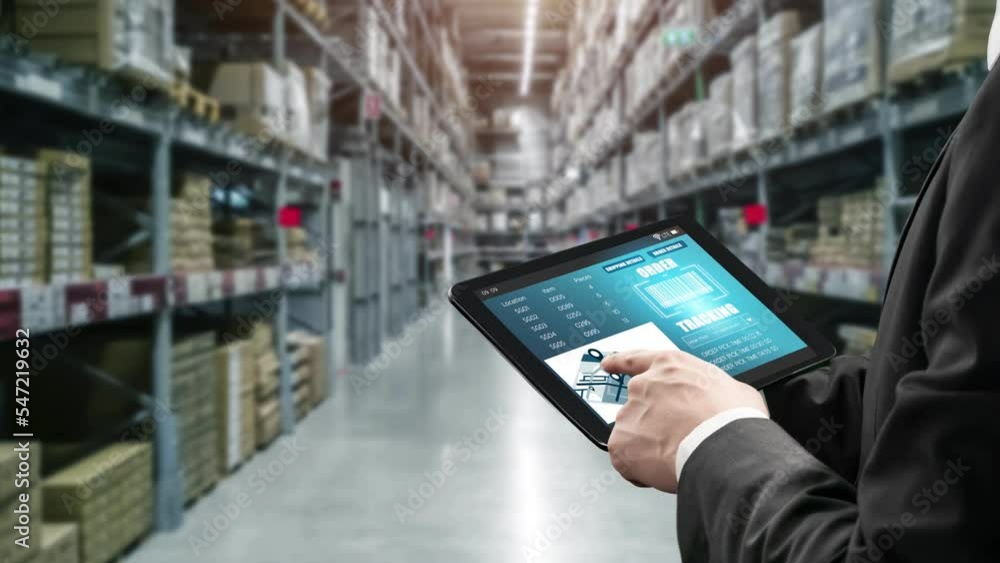Poster warehouse management deft software in computer for real time monitoring of goods package delivery . 