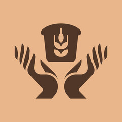 Vector illustration of bakery icon. Bread logo. Silhouette of a loaf on hands for a bakery. Design of bakery products with spikelets of wheat, rye. Bun icon.