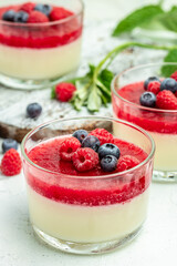Italian dessert. Raspberry Panna cotta with raspberry jelly on a light background. Berry dessert with cream sauce in small jars