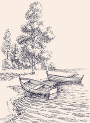 Empty boats on shore in the park lake, hand drawing landscape