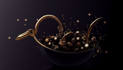 Black Luxury Background with golden glitters, sparkles, waves. Wallpaper for advertising, Christmas, Black Friday.