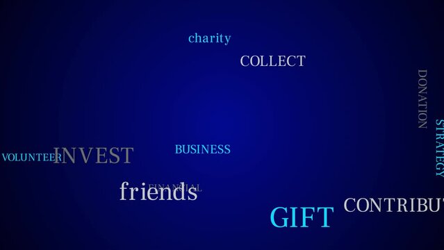 Fundraising words cloud animation on blue background. 4 k resolution.