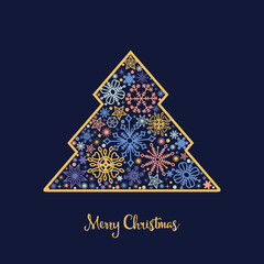 Abstract Christmas tree made of snowflakes in bright colors and a golden border