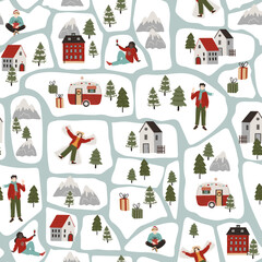Vector seamless pattern with winter map, Christmas trees, celebration people, buildings and mountains. Cartoon Illustration for Background, wallpaper, wrapping paper