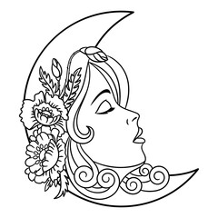 Floral half moon. Crescent with girl face and poppy wild flowers. Adult coloring book page in mandala style.