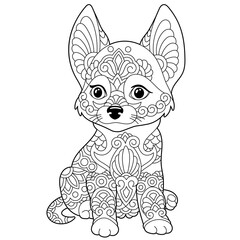 Cute happy chihuahua dog. Adult coloring book page in mandala style.