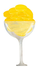 Glass goblet with gold coin monney watercolor illustration. Template for inserting into advertising, article, design.