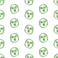 Seamless pattern on a white background. Cucumber slices hand-painted in watercolor on a white background. Suitable for printing on paper, fabric, kitchen design, scrapbooking and creativity.