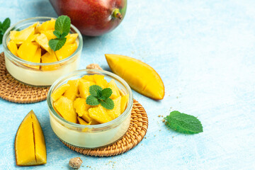 Mango desserts. Italian dessert Mango Panna cotta. banner, menu, recipe place for text, top view