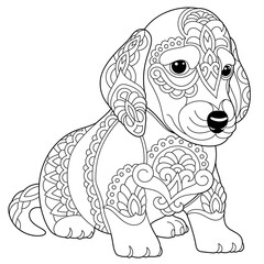 Cute dachshund dog. Adult coloring book page in mandala style.