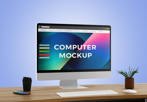 Computer Mockup with Keyboard and Mouse - Half Side View