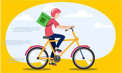 delivery man on a bicycle delivering a parcel. delivery man concept vector. delivery service on a bicycle with clouds in the background. 