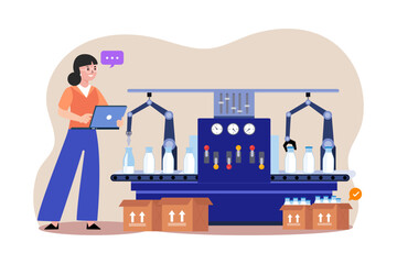 Engineer Checking Milk Packaging. Automatic product line. Food factory machine. Vector illustration