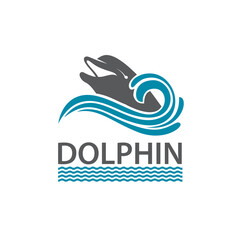 emblem of dolphin and sea waves isolated on white background