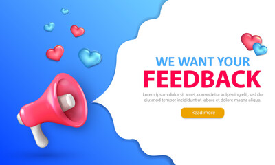 Blue vector promotion banner with pink megaphone, hearts and text - we want your feedback. Editable template of landing page with loudspeaker and customer opinion text and button for read more info