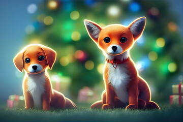 Adorable Puppies in Front of Christmas Tree