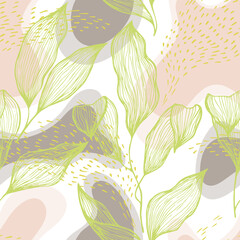 Sketch style doodle line texture leaves over stains and dots seamless vector pattern organic design.