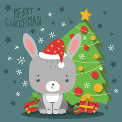 Rabbit next to the Christmas tree in the year of the rabbit. Vector illustration.