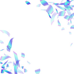 Beautiful flying confetti decoration vector illustration. Blue  hologram elements festival vector. Surprise burst falling confetti. Prize event decor background. Fun congratulations