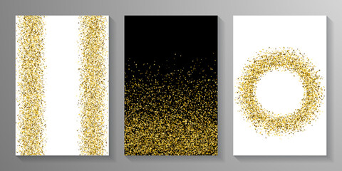 Subtle gold confetti dust scatter texture. Triangle square circle star granules vector. Holiday decor. Glowing crumb particles grain confetti. Holiday decoration gleaming explosion