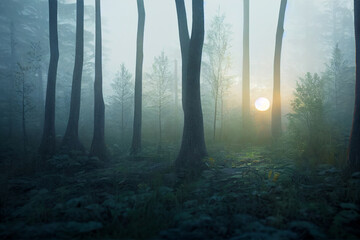 Misty Foggy morning in the forest