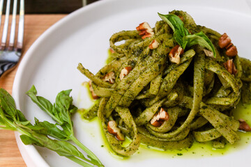 fettuccini with sauce, carbonara, pesto