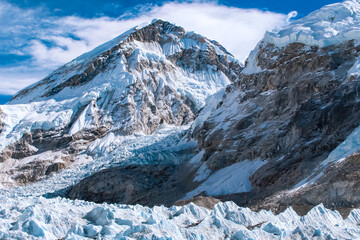 Khumbu Glacier, Mt. Everest, Mt. Muptse, Mt. Lhotse seen from Everest Base Camp in Solukhumbu, Nepal - obrazy, fototapety, plakaty