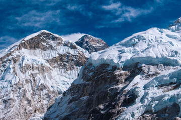 Fototapeta na wymiar Khumbu Glacier, Mt. Everest, Mt. Muptse, Mt. Lhotse seen from Everest Base Camp in Solukhumbu, Nepal