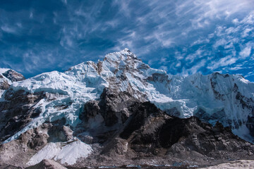 Khumbu Glacier, Mt. Everest, Mt. Muptse, Mt. Lhotse seen from Everest Base Camp in Solukhumbu, Nepal - obrazy, fototapety, plakaty