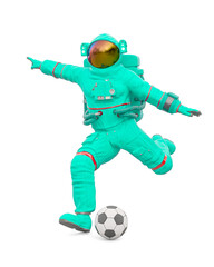 astronaut is kicking the ball