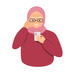 Elderly modern woman looks into the smartphone. Flat illustration for print, design, stickers and poster template