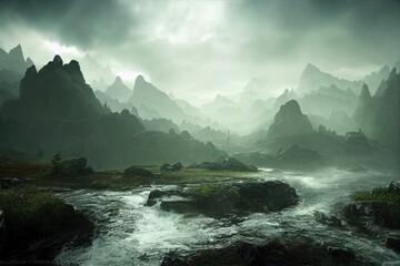 Fototapeta na wymiar fantasy rock mountain in Norse Mythology, darkness