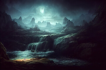 Naklejka premium fantasy rock mountain waterfall in Norse Mythology, darkness