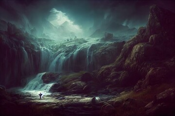 fantasy rock mountain waterfall in Norse Mythology, darkness