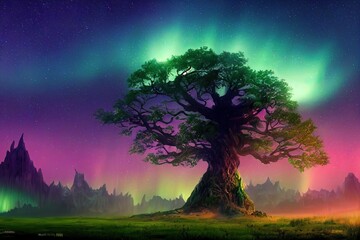 Cosmo tree in aurora as background wallpaper