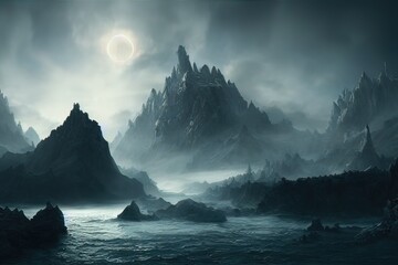 Obraz na płótnie Canvas fantasy rock mountain lake and river in concept Norse Mythology