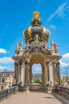 Dresden, Saxony, Germany - June 1, 2022: Panoramic cityscape over historical and touristic center in Dresden downtown, Zwinger Palace with many sculptures and garden