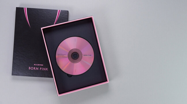 BlackPink BORN PINK 2nd Album Box set on grey background. Pink music CD. South Korean girl group BlackPink. Space for text. Gatineau, QC Canada - November 10 2022
