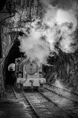 Greyscale shot of an antique shay steam locomotive
