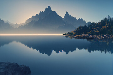 Sunrise in the mountains beside the lake 