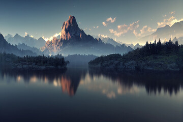 Fototapeta na wymiar Sunrise in the mountains beside the lake 