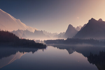 Naklejka na ściany i meble Sunrise in the mountains beside the lake 