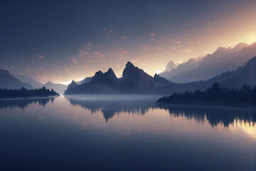 Fototapeta na wymiar Sunrise in the mountains beside the lake 