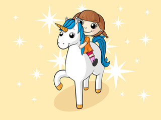 Comic Mädchen reitet auf einem Einhorn