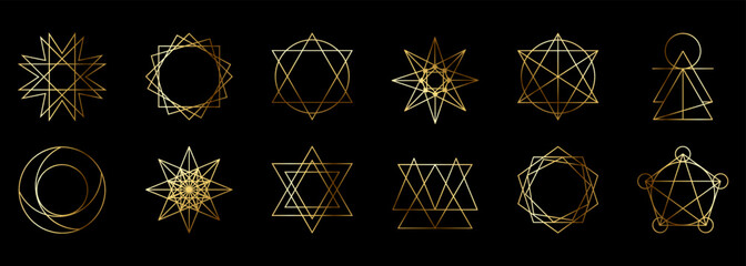 Set of gold sacred geometry symbols. Vector illustration isolated on white background - obrazy, fototapety, plakaty