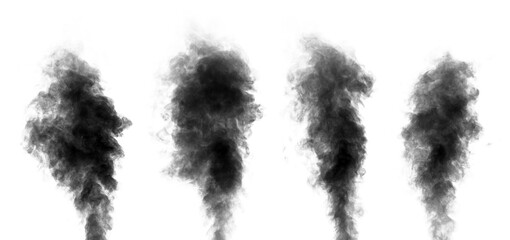 Set of black steam looking like smoke isolated on white background. Collection of clouds of black smoke. - obrazy, fototapety, plakaty