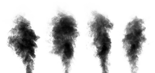Foto auf Acrylglas Rauch Satz schwarzer Dampf, der wie Rauch aussieht, der auf weißem Hintergrund lokalisiert wird. Ansammlung schwarzer Rauchwolken.