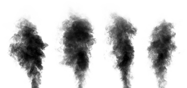 Set of black steam looking like smoke isolated on white background. Collection of clouds of black smoke.