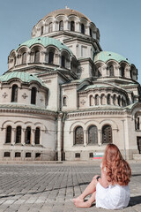 Woman enjoying the beautiful Alexander Nevsky Cathedral in Sofia the capital of Bulgaria.