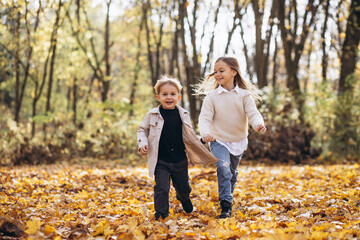 Obraz premium Brother with sister together in autumn park